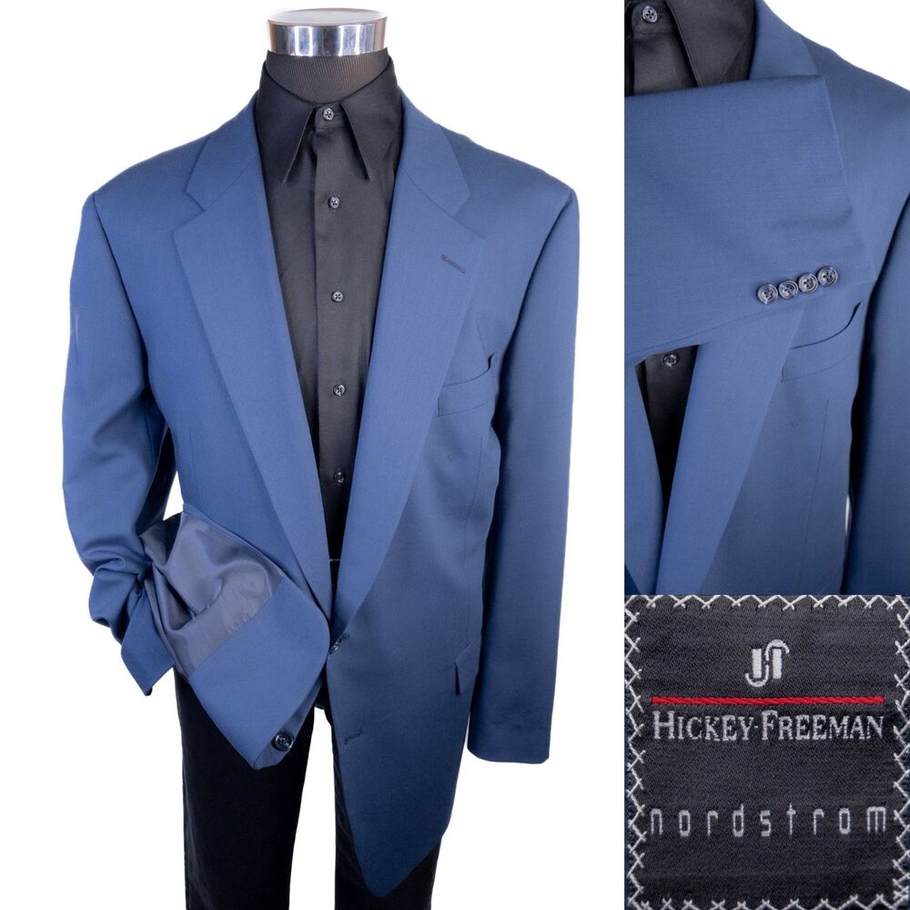 Hickey Freeman Blazer Sport Coat Solid Blue Wool Sz 48XL Two Button Jacket EUC